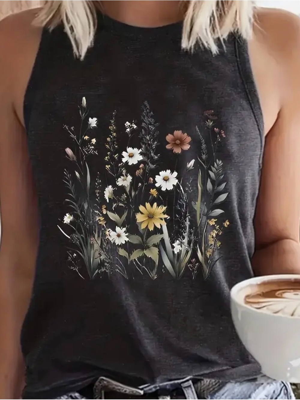 Women's Black Floral Racerback Tank Top